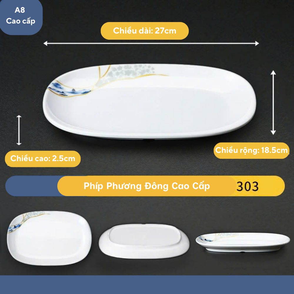 Đĩa Phíp Hoa Phương Đông Hình Bầu Dục Melamine Cao Cấp 303