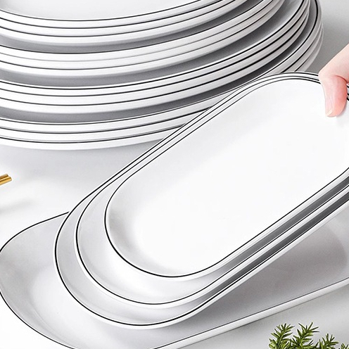 Đĩa Bầu Phíp Trắng Viền Đen Phong Cách Bắc Âu Melamine A5 666004