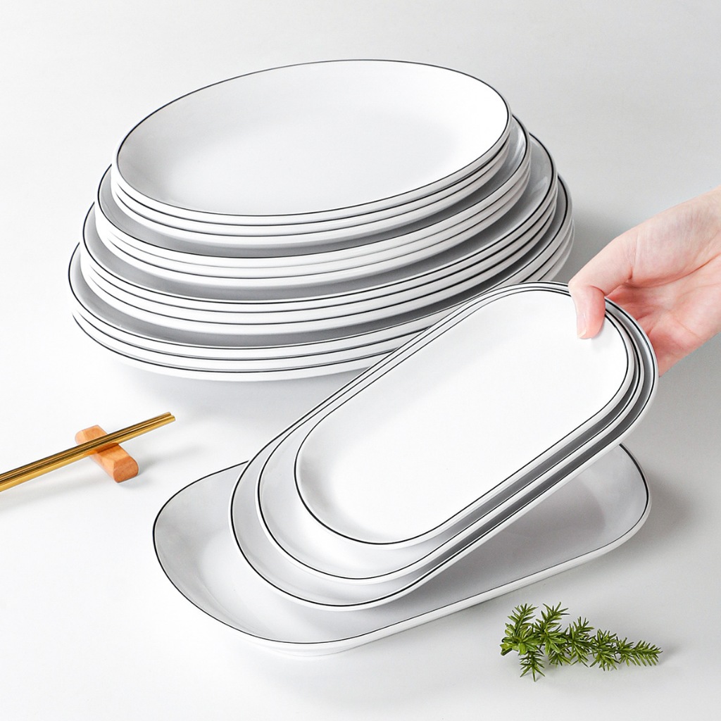 Đĩa Bầu Phíp Trắng Viền Đen Phong Cách Bắc Âu Melamine A5 666002