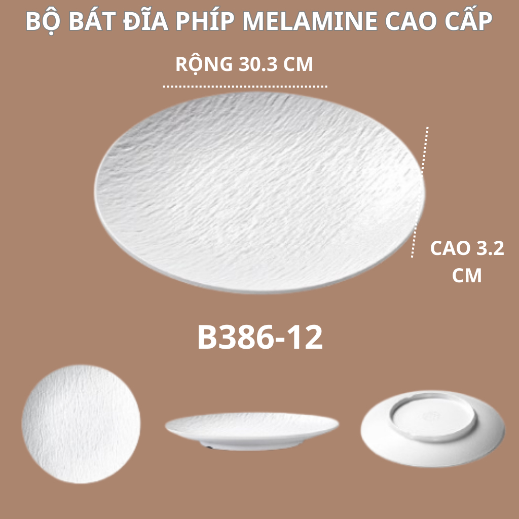 Đĩa Tròn Cạn Vân Đá Trắng Melamine A8 Cao Cấp B386-12