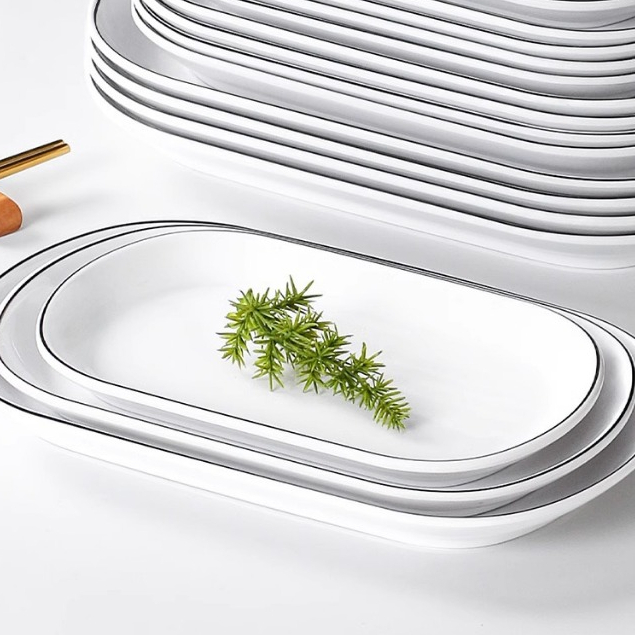 Đĩa Bầu Phíp Trắng Viền Đen Phong Cách Bắc Âu Melamine A5 666005