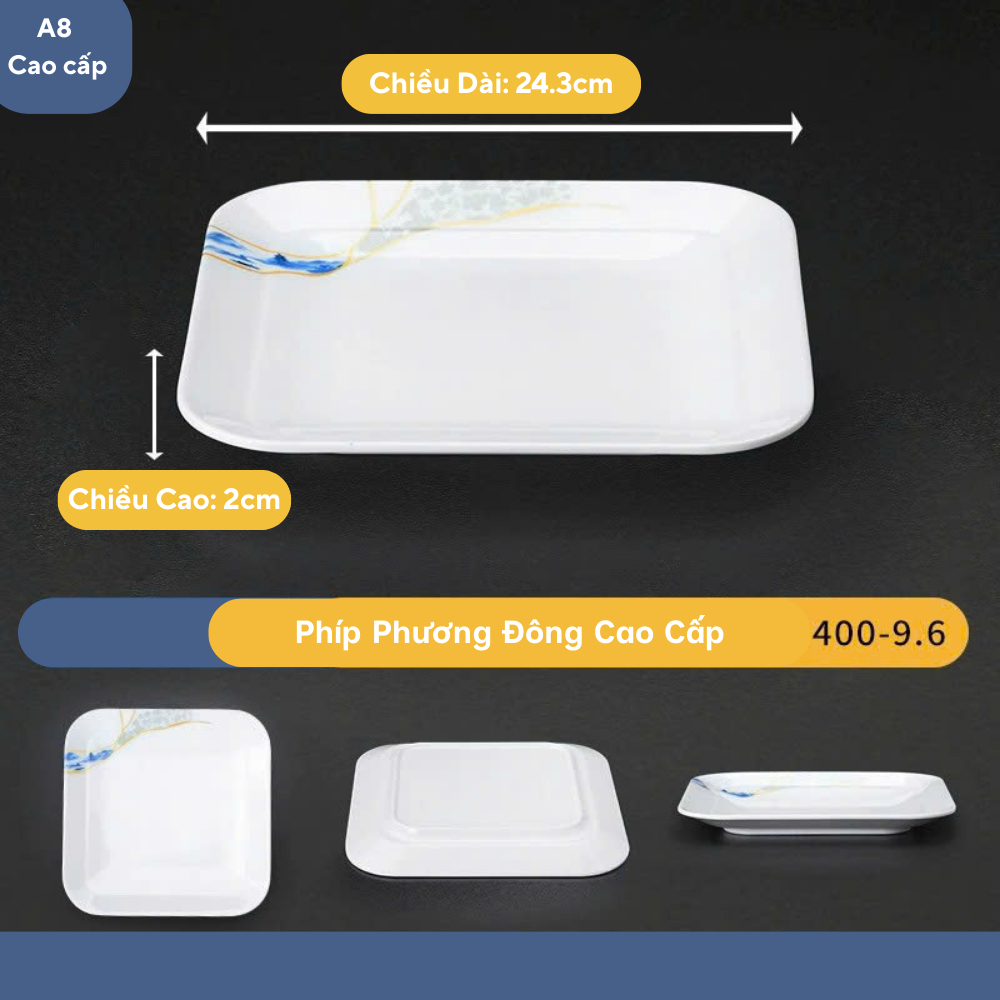 Đĩa Vuông Có Viền Hoa Phương Đông Melamine Cao Cấp 400-9.6