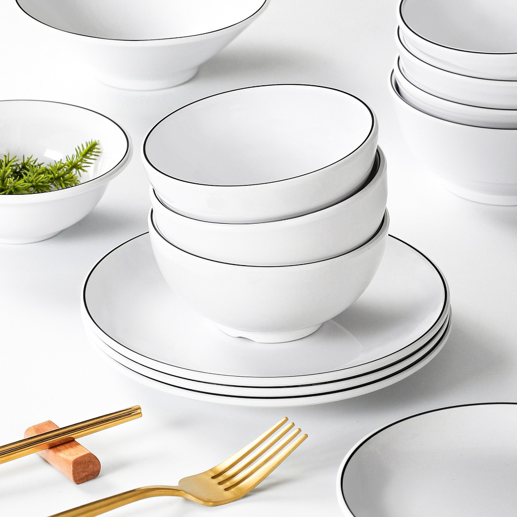 Bát Ăn Cơm Trơn Phíp Trắng Viền Đen Melamine Phong Cách Bắc Âu 222023
