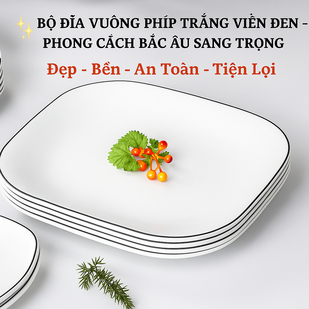 Đĩa Vuông Trắng Viền Đen Phong Cách Bắc Âu Melamine A8 4570