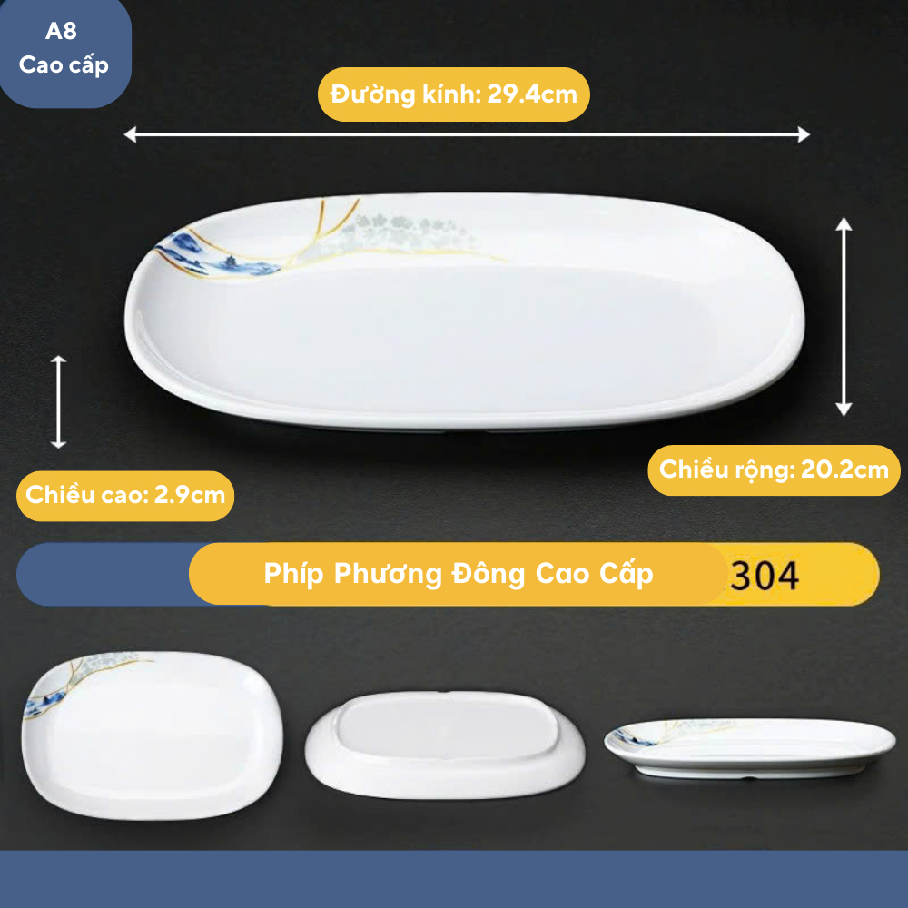 Đĩa Phíp Hoa Phương Đông Hình Bầu Dục Melamine Cao Cấp 304