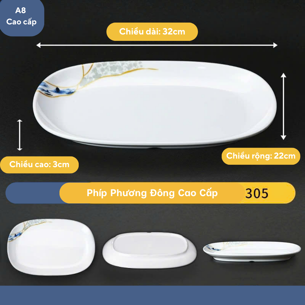 Đĩa Phíp Hoa Phương Đông Hình Bầu Dục Melamine Cao Cấp 305